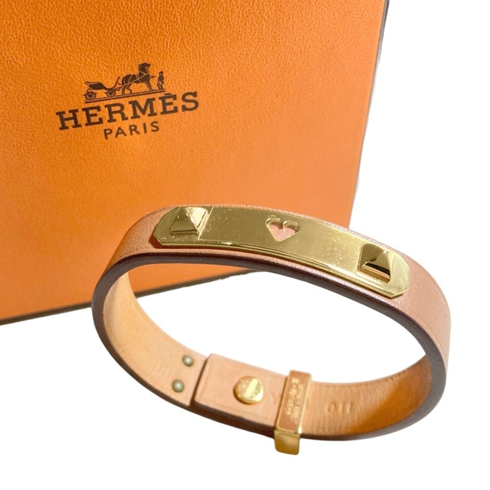 HERMES Brown Leather Heart Charm Bracelet